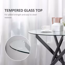 HOMCOM Clear Glass Side Table Round Metal Dining Table Dining Living Room Black