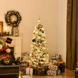 HOMCOM 5FT Prelit Snow Flocked Christmas Tree w/ Light, Xmas Decoration Green