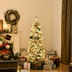 HOMCOM 5FT Prelit Snow Flocked Christmas Tree w/ Light, Xmas Decoration Green
