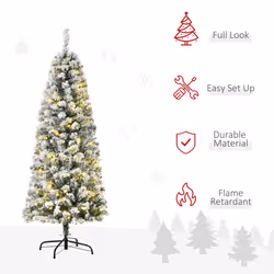HOMCOM 5FT Prelit Snow Flocked Christmas Tree w/ Light, Xmas Decoration Green