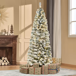 HOMCOM 6FT Prelit Snow Flocked Christmas Tree w/ Light, Xmas Decoration Green