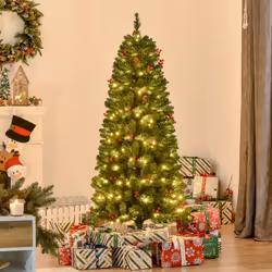 HOMCOM 5FT Prelit Pencil Christmas Tree w/ LED Light, Berry, Xmas Decoration