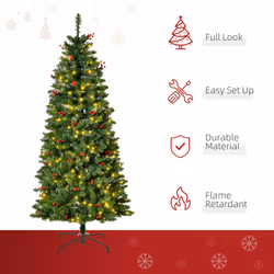 HOMCOM 5FT Prelit Pencil Christmas Tree w/ LED Light, Berry, Xmas Decoration