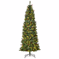 HOMCOM 7FT Prelit Pencil Christmas Tree w/ LED Light, Berry, Xmas Decoration