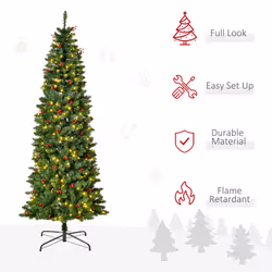 HOMCOM 7FT Prelit Pencil Christmas Tree w/ LED Light, Berry, Xmas Decoration