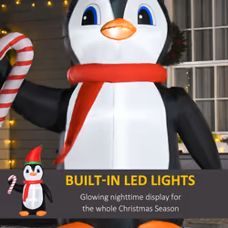 HOMCOM 8ft Lighted Inflatable Christmas Penguin w/ Candy Cane for Garden