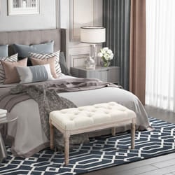 HOMCOM Accent Bench Tufted Upholstered Foot Stool Linen-Touch Ottoman Cream