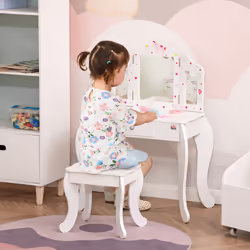 HOMCOM Kids Vanity Table & Stool Girls Dressing Set w/ Rotatable Mirror Drawer