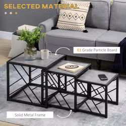 HOMCOM Set of 3 Nesting Coffee Tables Square End Tables w/ Metal Frame, Grey