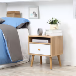 HOMCOM Bedside Table Modern Nightstand Bedside Cabinet w/ Drawer Shelf Natural