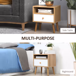 HOMCOM Bedside Table Modern Nightstand Bedside Cabinet w/ Drawer Shelf Natural
