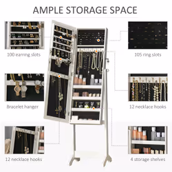 HOMCOM Mirrored Jewellery Cabinet Lockable Jewellery Organiser for Bedroom White
