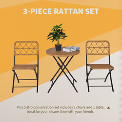 Outsunny 3 PCS Folding Rattan Wicker Bistro Set, Coffee Table Set, Natural