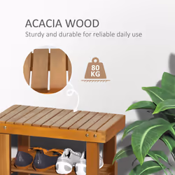 HOMCOM 3-tier Shoe Rack Bench Acacia Wood Shoe Storage Organizer Teak 50x28x45cm