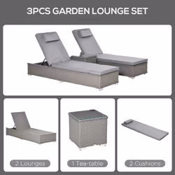 Outsunny 3 PCS Outdoor Rattan Lounger Table Sectional Conversation Furniture Set