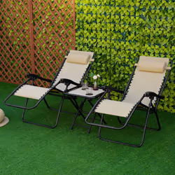 Outsunny 3PC Zero Gravity Chairs Sun Lounger Table Set w/ Cup Holders, Beige