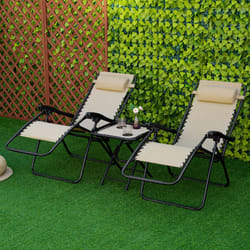 Outsunny 3PC Zero Gravity Chairs Sun Lounger Table Set w/ Cup Holders, Beige