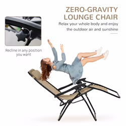 Outsunny 3PC Zero Gravity Chairs Sun Lounger Table Set w/ Cup Holders, Beige