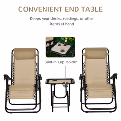 Outsunny 3PC Zero Gravity Chairs Sun Lounger Table Set w/ Cup Holders, Beige