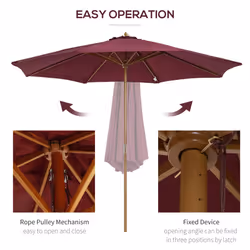 Outsunny 3(m) Wooden Garden Parasol Sun Shade Outdoor Umbrella Canopy Wine Red
