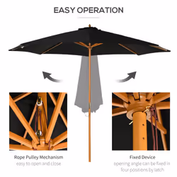 Outsunny 3(m) Wooden Garden Parasol Sun Shade Outdoor Umbrella Canopy Black