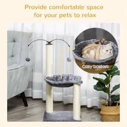 PawHut 83cm Cat Tree Tower w/ Sisal Scratching Post Hammock Toy Ball - Grey