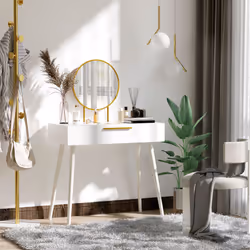 HOMCOM Modern Dressing Table w/ 2 Drawers Round Mirror for Bedroom White