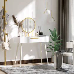 HOMCOM Modern Dressing Table w/ 2 Drawers Round Mirror for Bedroom White