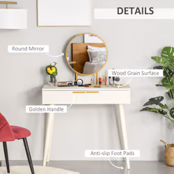 HOMCOM Modern Dressing Table w/ 2 Drawers Round Mirror for Bedroom White