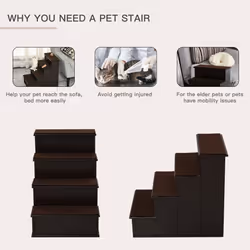 PawHut 4 Step Wooden Dog Steps Pet Stairs Cat Ladder for Bed Couch, Dark Brown - Additional view 4