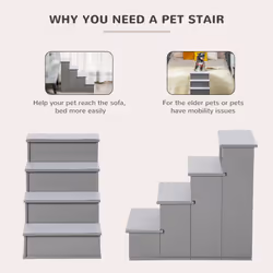 PawHut 4 Step Wooden Dog Steps Pet Stairs Cat Ladder for Bed Couch, Grey - Additional view 4