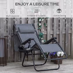 Outsunny Zero Gravity Chair Adjustable Patio Lounge w/ Cup Holder Dark Grey