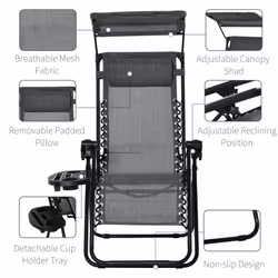 Outsunny Zero Gravity Chair Adjustable Patio Lounge w/ Cup Holder Dark Grey - Additional view 4