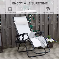 Outsunny Zero Gravity Chair Adjustable Patio Lounge w/ Cup Holder White