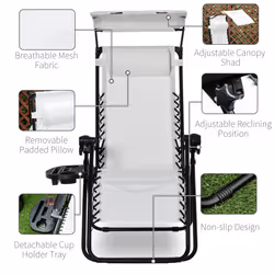 Outsunny Zero Gravity Chair Adjustable Patio Lounge w/ Cup Holder White
