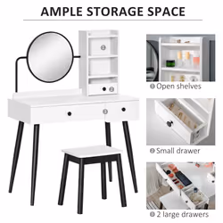 HOMCOM Dressing Table Set with 3 Drawers, Storage shelves and Stool, White - Additional view 4