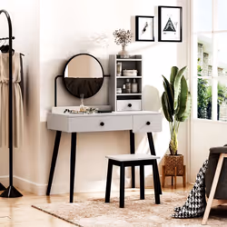 HOMCOM Dressing Table Set with 3 Drawers, Storage shelves and Stool, Grey