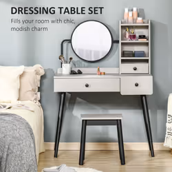 HOMCOM Dressing Table Set with 3 Drawers, Storage shelves and Stool, Grey - Additional view 4