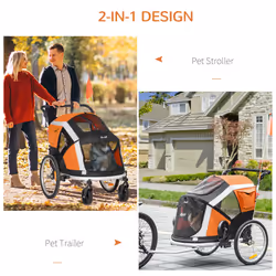 PawHut 2-in-1 Dog Bicycle Trailer w/ Safety Leash, Reflectors - Orange