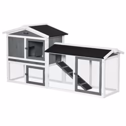 PawHut Two-Tier Wooden Rabbit Hutch w/ Run Box, Slide-Out Tray, Ramp - White - Additional view 8