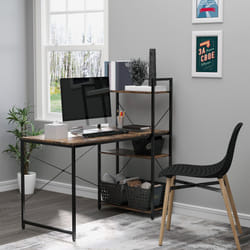 HOMCOM Computer Desk Laptop Table w/4-tier Bookshelf  Metal Frame Brown, Black