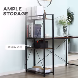 HOMCOM Computer Desk Laptop Table w/4-tier Bookshelf  Metal Frame Brown, Black