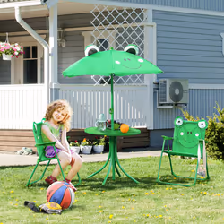 Outsunny Foldable Patio Kids Metal Picnic Table w/ Frog Umbrella Green 4-piece