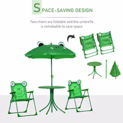 Outsunny Foldable Patio Kids Metal Picnic Table w/ Frog Umbrella Green 4-piece
