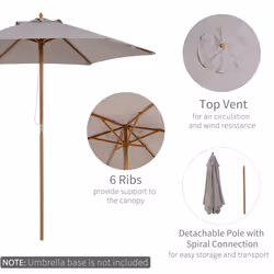 Outsunny 2.5m Wood Garden Parasol Sun Shade Patio Outdoor Wooden Umbrella Canopy