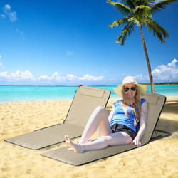 Outsunny 2 Pieces Outdoor Beach Mat Steel Reclining Chair Set w/ Pillow Beige