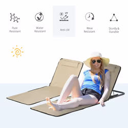 Outsunny 2 Pieces Outdoor Beach Mat Steel Reclining Chair Set w/ Pillow Beige