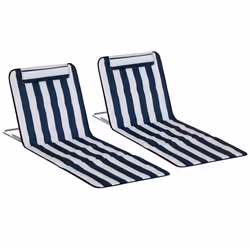 Outsunny 2 Pieces Outdoor Beach Mat Steel Reclining Chair Set w/ Pillow Blue - Additional view 8