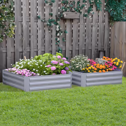 Outsunny Set of 2 Raised Garden Bed Galvanised Planter Box Grey