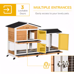 PawHut Wooden Rabbit Hutch Guinea Pig Cage w/ Wheels, Run, Ramp, Yellow - Additional view 4